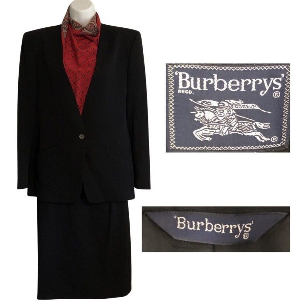 VTG Burberrys Black Wool Suit Womens Sz M Jacket Skirt Set 80s Classic Timeless